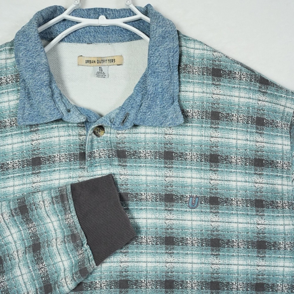Vtg Y2k Urban Outfitters Mens Crop Oversized XL Teal Plaid Polo Denim Collar